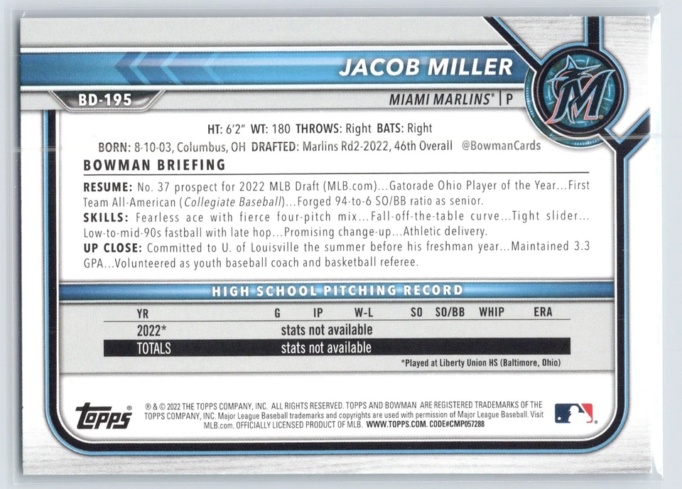 2022 Bowman Draft Jacob Miller BD-195 Aqua Parallel 172/199 Miami Marlins - Image 2 of 3