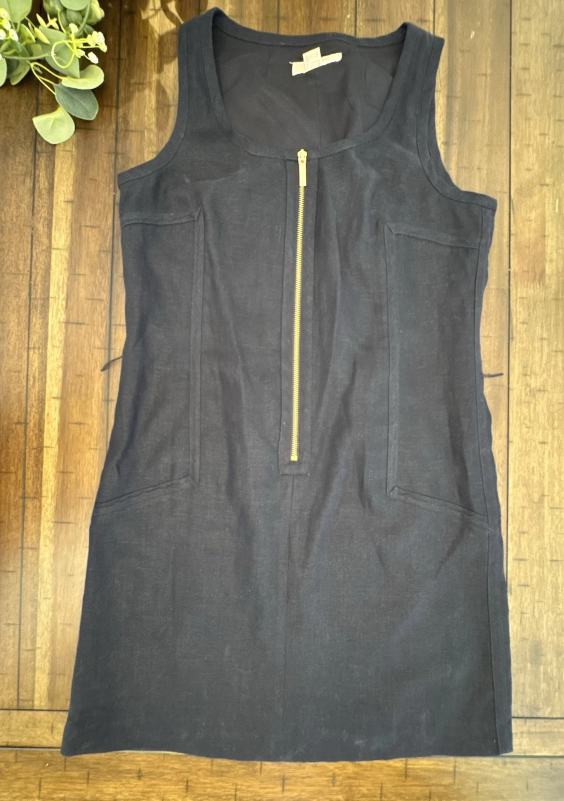 Abito tubino lino blu navy taglia 12 Michael Kors oro zip canotta senza maniche ginocchio