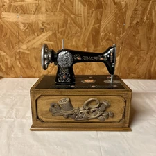 Vtg Mini Replica Singer Sewing Machine Storage Box Wood, Sliding Top, 7 1/2" 2f