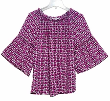 Counterparts Blouse Top Womens Size Large Pink Black 3/4 Ruffle Wide Sleeve