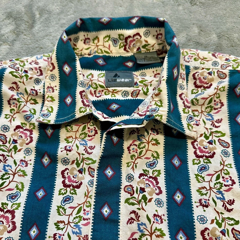 Camisa De Colección LIZWEAR Para Mujer M Azul Floral Rayas 100% Algodón L/S Años 90 Boho Western Foto 4 de 4