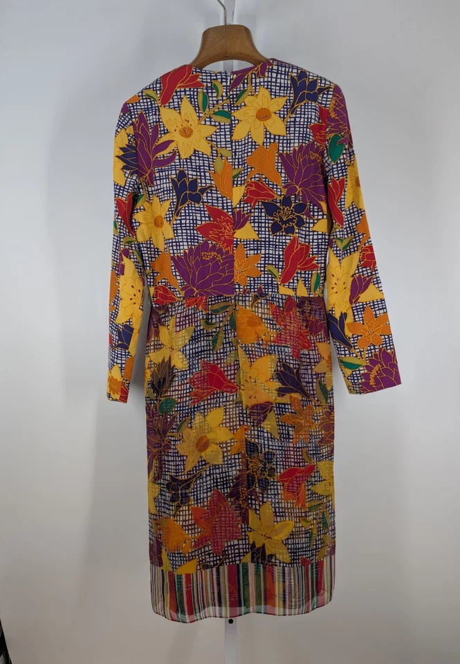 Vestido Bill Blass Vintage Años 80 90 Arte Pop Floral Geométrico Seda Gasa EE. UU. Foto 3 de 4