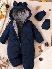 Winter Baby Hooded Romper jumpsuit - Warm Plush Outfit with Matching Gloves 