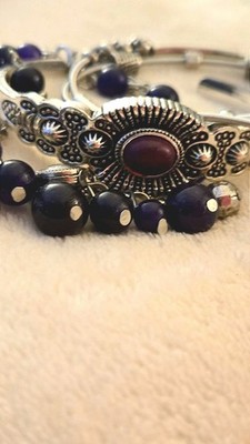 Vintage Beaded Bangle Bracelet Silver Tone deep plum western chic boho lot