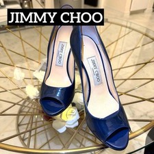 Rare Jimmy Choo Patent Open Toe Pumps Size 36 US 6 Navy Blue Heel 10cm