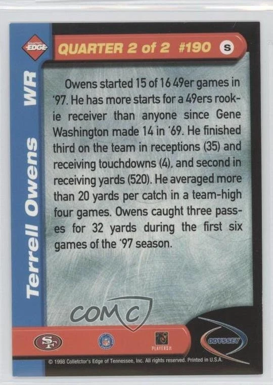 1998 Collector's Edge Odyssey Missing Foil Terrell Owens #190S HOF - Image 2 of 2