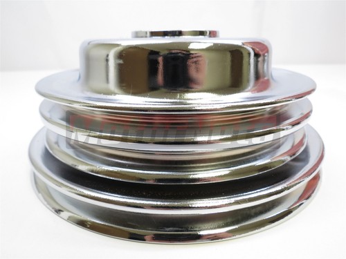 BBC Chevy Chrome 2/3 Groove Long Water Pump Power Steering Crank Pulley Kit 454 - Picture 4 of 10