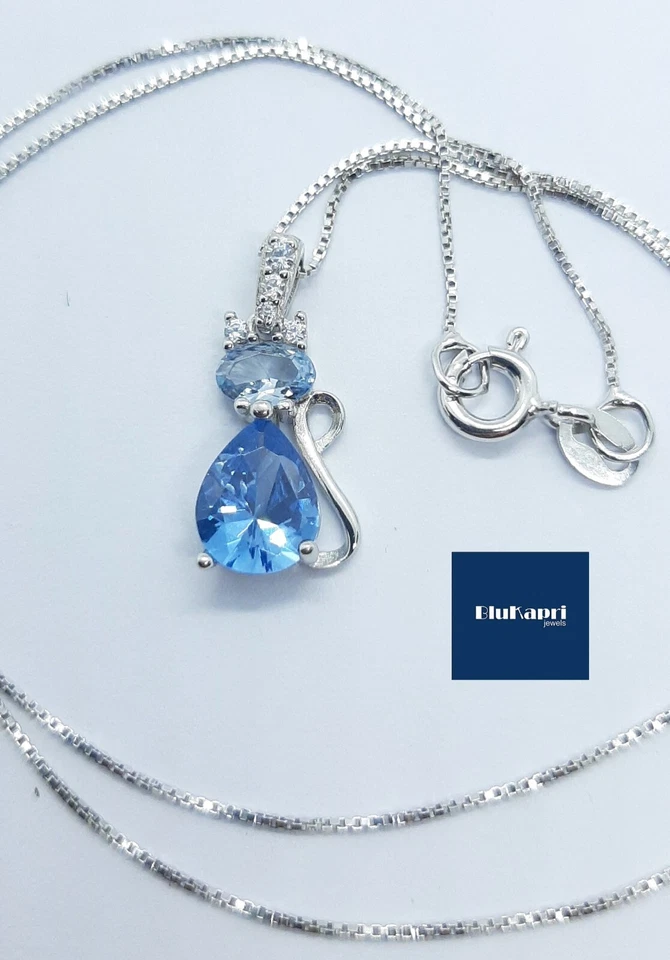 Collana donna ciondolo Gatto in Argento925 con pietra acquamarina goccia azzurro - Immagine 4 di 4