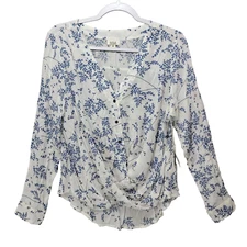ana Blouse Women M Micro Floral Fairy Top Sheer Twist Button High Low Dainty