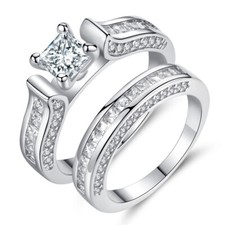 R027 Women Jewelry 18K White Gold Plated Engagement Wedding CZ Band Ring Set