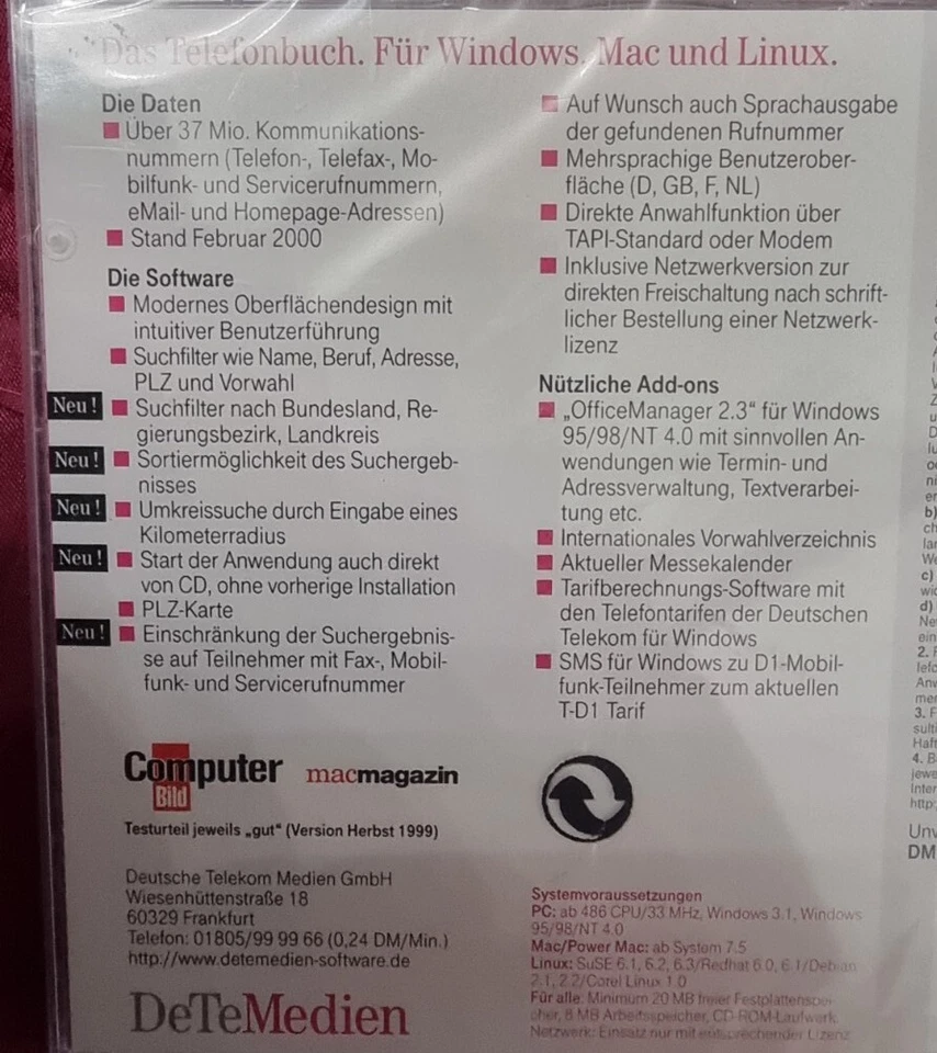 Das Telefonbuch für Deutschland Telekom Frühjahr 2000 CD !!! NEU!!! - Bild 3 von 3