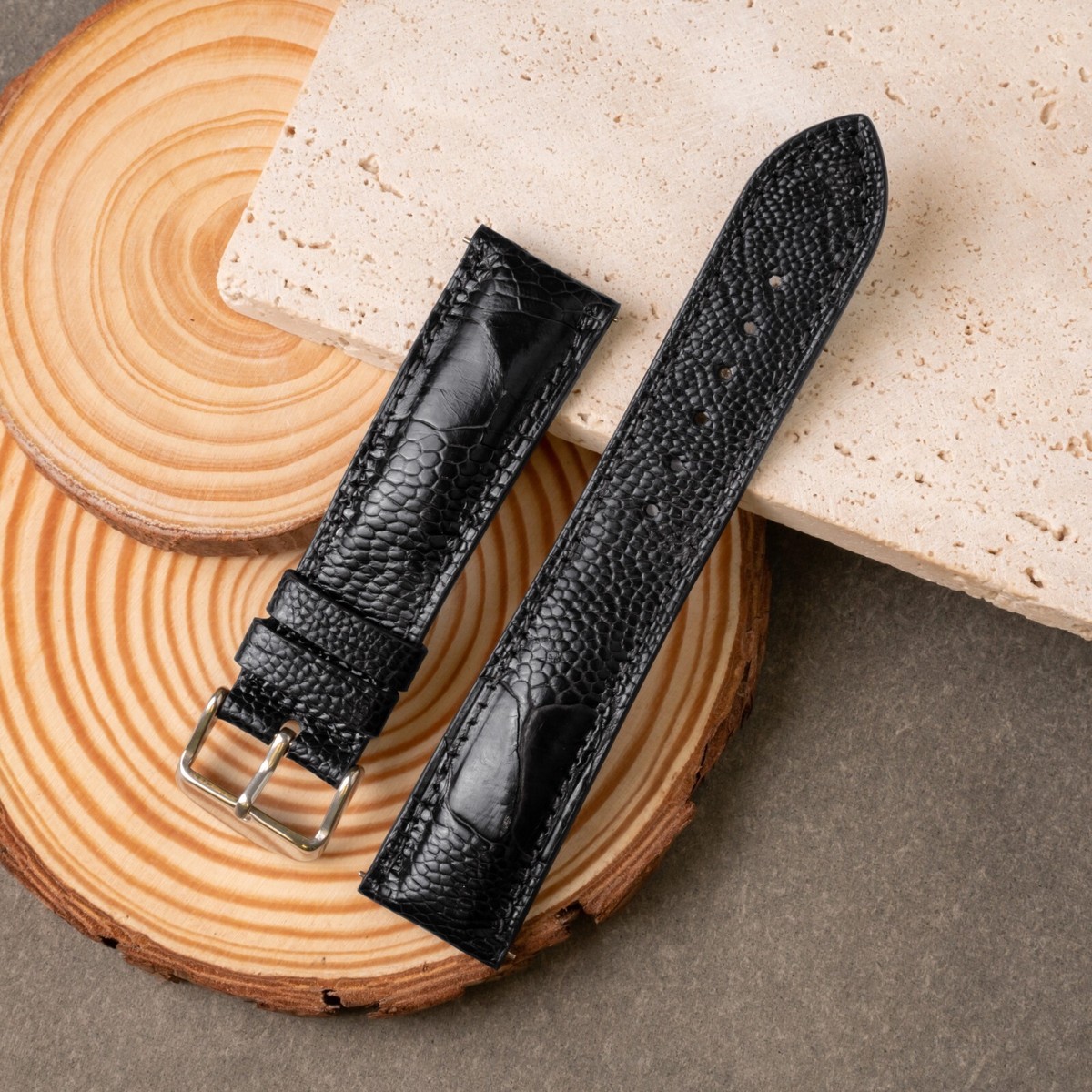 Black Ostrich Watch Strap, Men Leather Watch Band, Real Ostrich