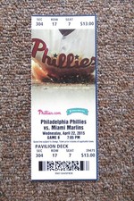 PHILADELPHIA PHILLIES VS MIAMI MARLINS 4/22/2015 FULL TICKET ~ CODY ASCHE HR