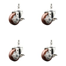 3.5 Inch 316SS Maroon Polyurethane 3/8 Inch Threaded Stem Caster Set Brake SCC