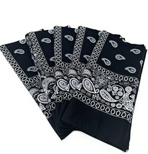 Pack of 5 X Large Bandana Paisley Cotton Printed Bandana - 27 x 27 inches Black.