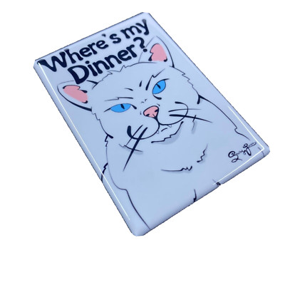 White Cat Where's My Dinner Magnet Funny Pet Portrait Decor Gift 2x3'' Handmade