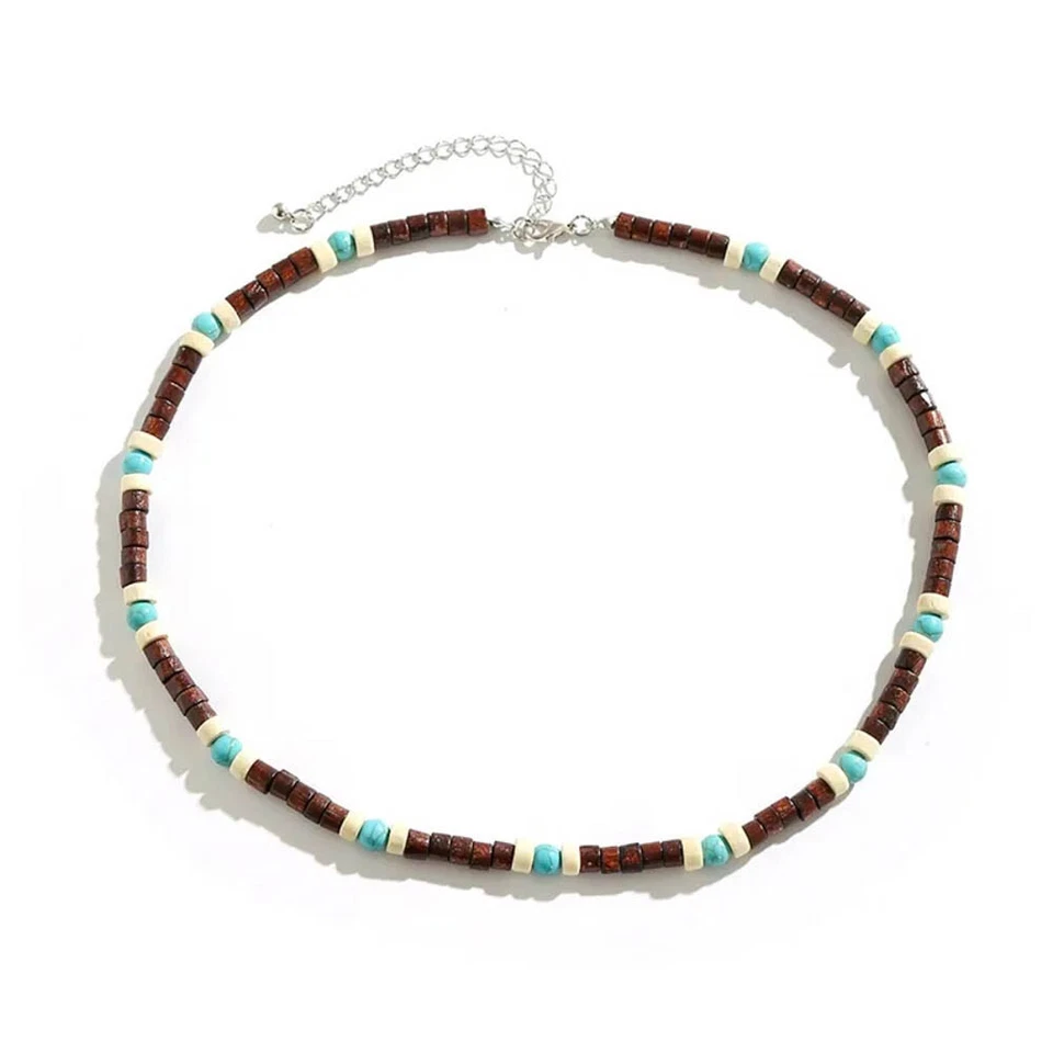 Collar de surfista bohemio para hombres - Cuentas de madera y turquesa, ajustables 18"+2.7" Foto 3 de 4