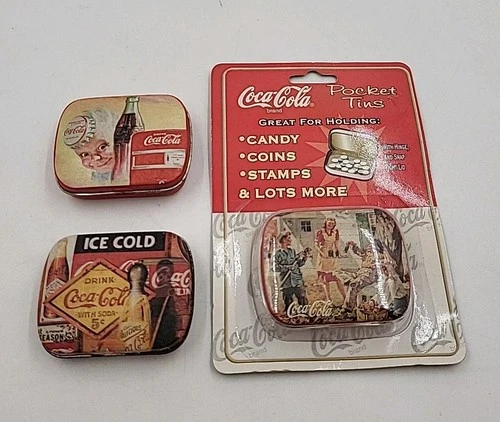 VTG Coca Cola Small Graphic Pocket Tins Carry Cases-Mints/Pill Cases Lot Of 3