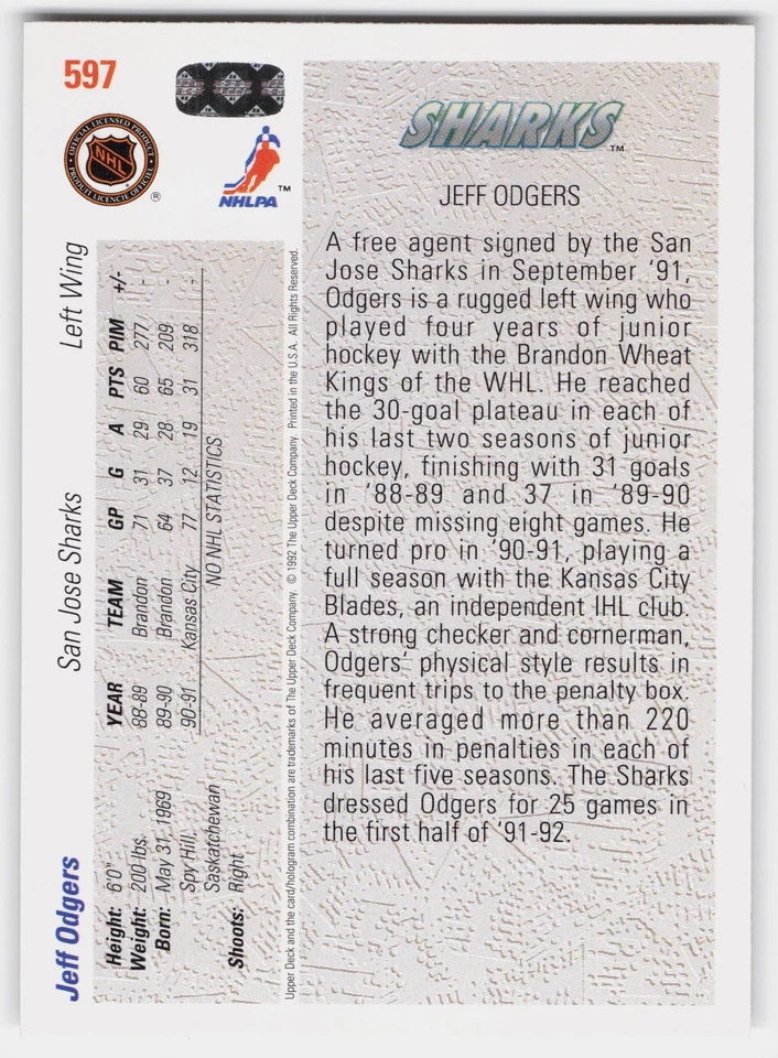 1991-92 Upper Deck #597 Jeff Odgers - Image 2 of 2