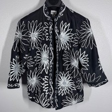Chico s Women's Silk Jacket w/Silver Floral Embroidery Open Front, 3/4 Sleeves