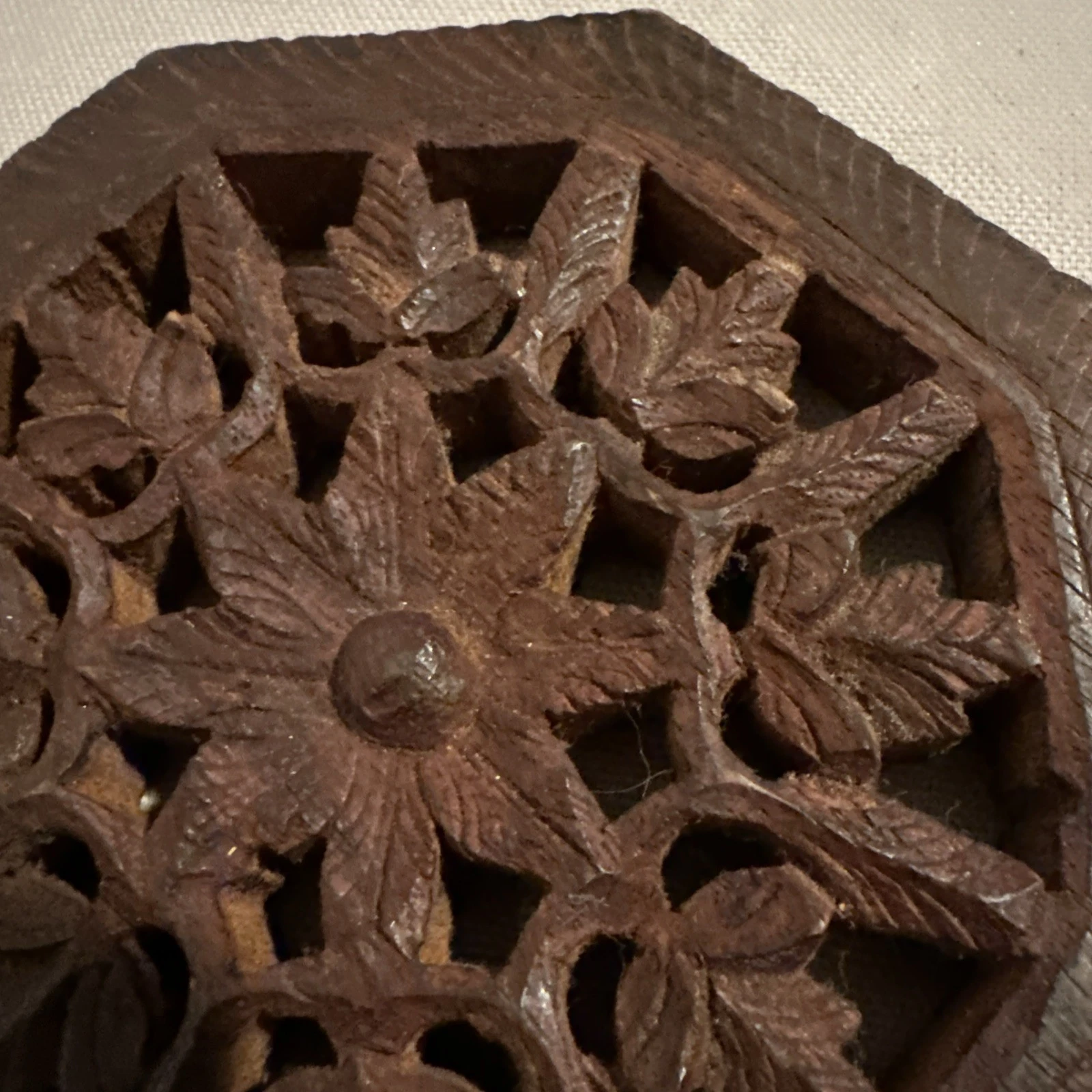 Vintage Octagon-Shape  Carved Wooden Trivet, 5” India image 4