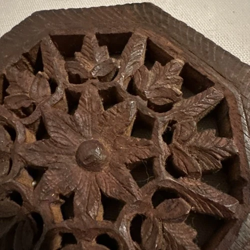 Vintage Octagon-Shape  Carved Wooden Trivet, 5” India image 4