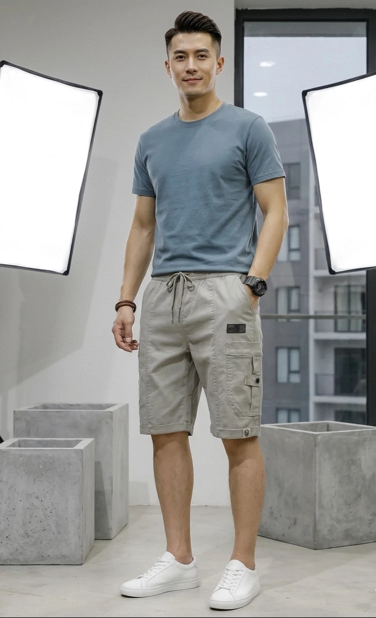 Men's Casual Cotton Cargo Shorts Drawstring Elastic Waist Slim Fit Pocket Summer