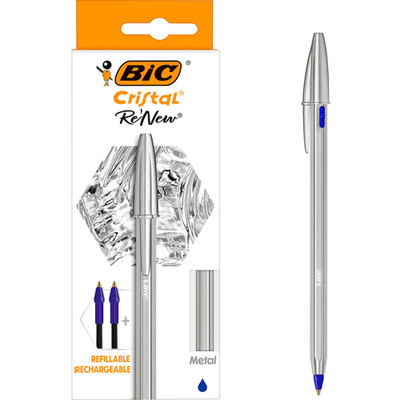 BIC Kugelschreiber Cristal Re'New metallic silber , Blau inkl 2 Ersatzminen
