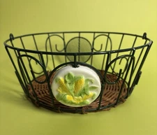 Round Metal Basket Wicker Bottom And Round Ceramic Accent With Corn Design