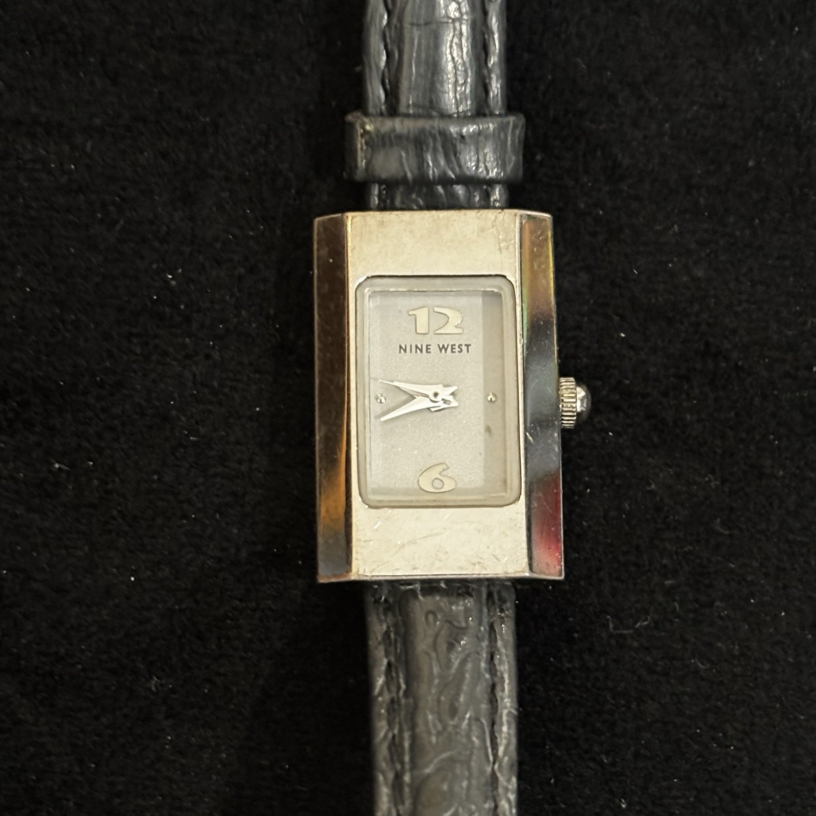 Nine West Rectangular Silver Tone Watch Black Lea… - image 1