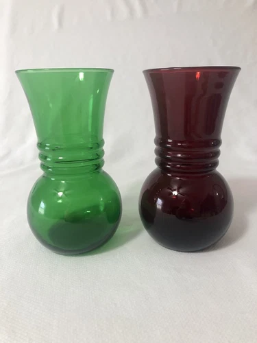 Vntg 2 Anchor Hocking Red & Green Ball Bottom Flared Top Glass Vases Christmas