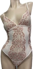 NWT 54 In Bloom by Jonquil Thong Bodysuit SMALL Nude w Coral Florals Stretchy