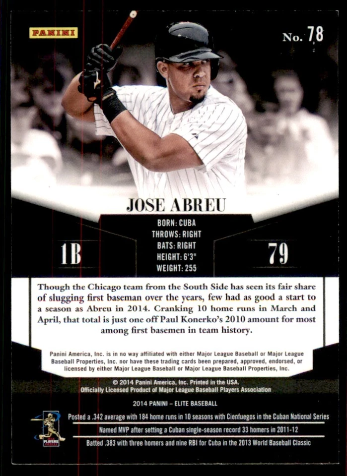 2014 Panini Elite #78 Jose Abreu RC Rookie Chicago White Sox - Image 2 of 2