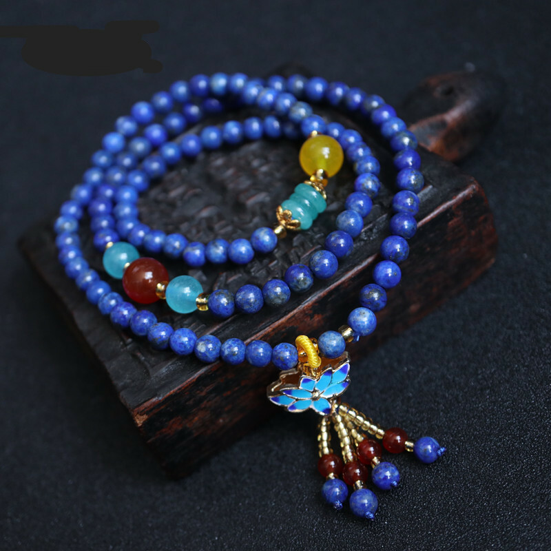 Bracelet lapis-lazuli 3 rangs contre le stress avec perles lotus ajustables pour femme