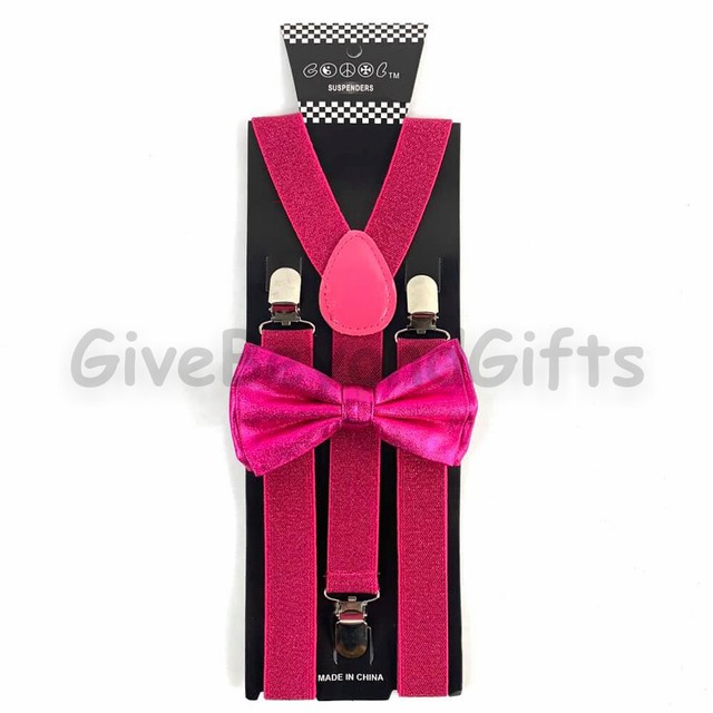 Suspender and Bow Tie Adults Men Hot Pink Metallic Formal Wear