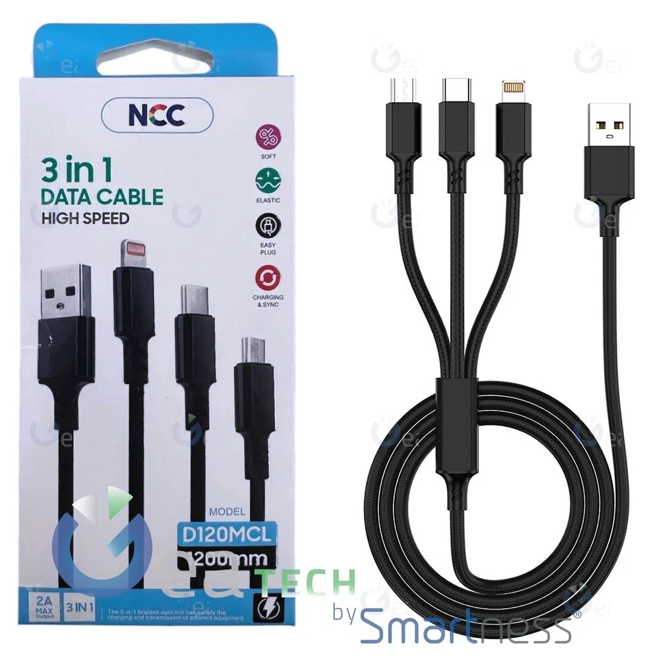NCC Câble de Données 3 IN 1 De Usb-A Light Usb-C USB 60W D120MCL Haute Vitesse' - Photo 1/3