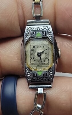 Helbros Art Deco Enamel Green Ladies Watch Cal 10 Running