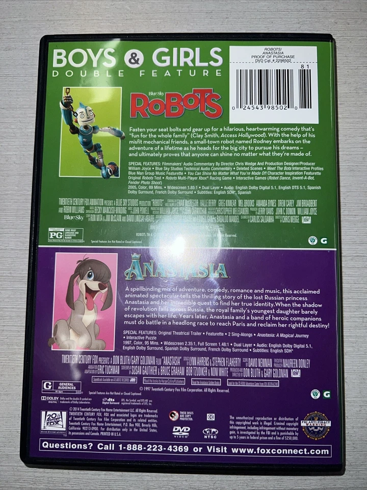 Robots & Anastasia Boys & Girls Double-Feature 2-Disc Set DVD 2014 RARE - Image 2 of 4