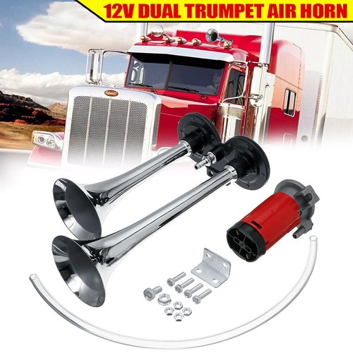 Super LOUD DUAL TRUMPET TRAIN AIR HORN SYSTEM KIT For CAR/TRUCK/RV 12V 1000DB