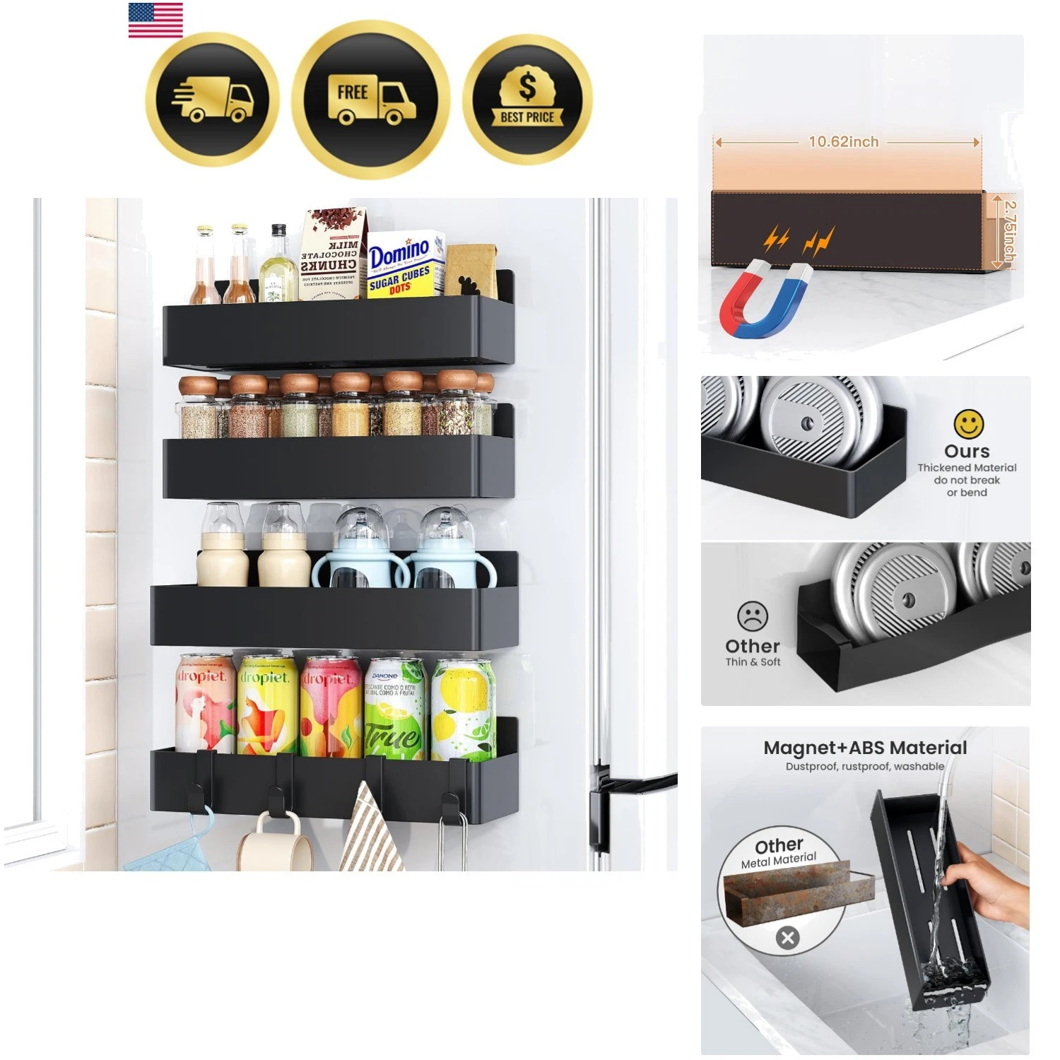 Magnetic Spice Rack for Refrigerator, Kitchen Organizer and Storage Shelf, Bl...