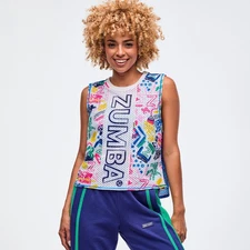 Zumba Sizzlin' Loose Muscle Tank - White/Blue ~ XS  S  M  L  XL ~ New!