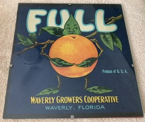Original Vintage Full  Citrus Orange Crate Label Glass Framed Waverly,FL
