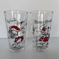 2 Mickey & Minnie Mouse Sketchbook Style Disney Pint Glasses Winter Christmas