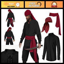 Men's Pirate Costume Set - 3Pcs Renaissance Medieval Outfit, Lace-Up Shirt, Head