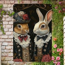 Vintage-Style Easter Bunny Tin Metal Signs Home D cor 8x12 Inch - Two Bunnies in