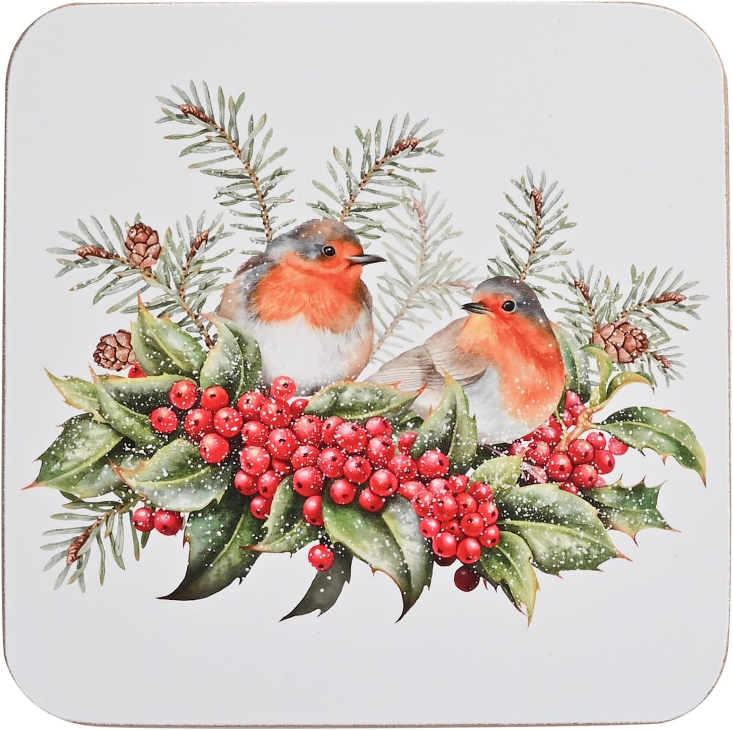 Widdop Set of 4 Christmas Robin Square Coasters – Festive Wooden Coaster Set