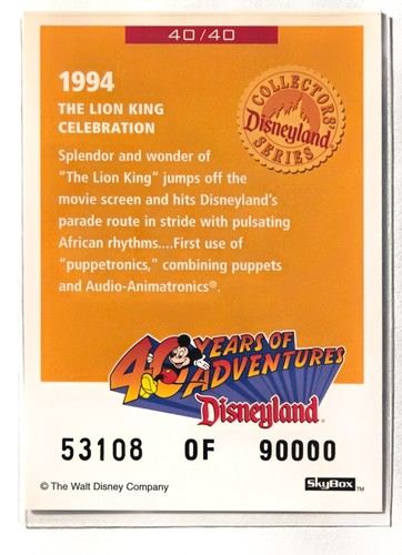 Shipping w/Tracking The Lion King 1994 #40 Disneyland 40th Anniversary Card - Picture 2 of 2