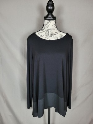 Chaus New York Womens Long Sleeve Scoop Neck Sheer Hem Tunic Top XL Black 