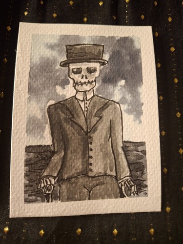 ACEO Original - Black and Grey Skeleton - Watercolors & Paper - HallieWattsArt