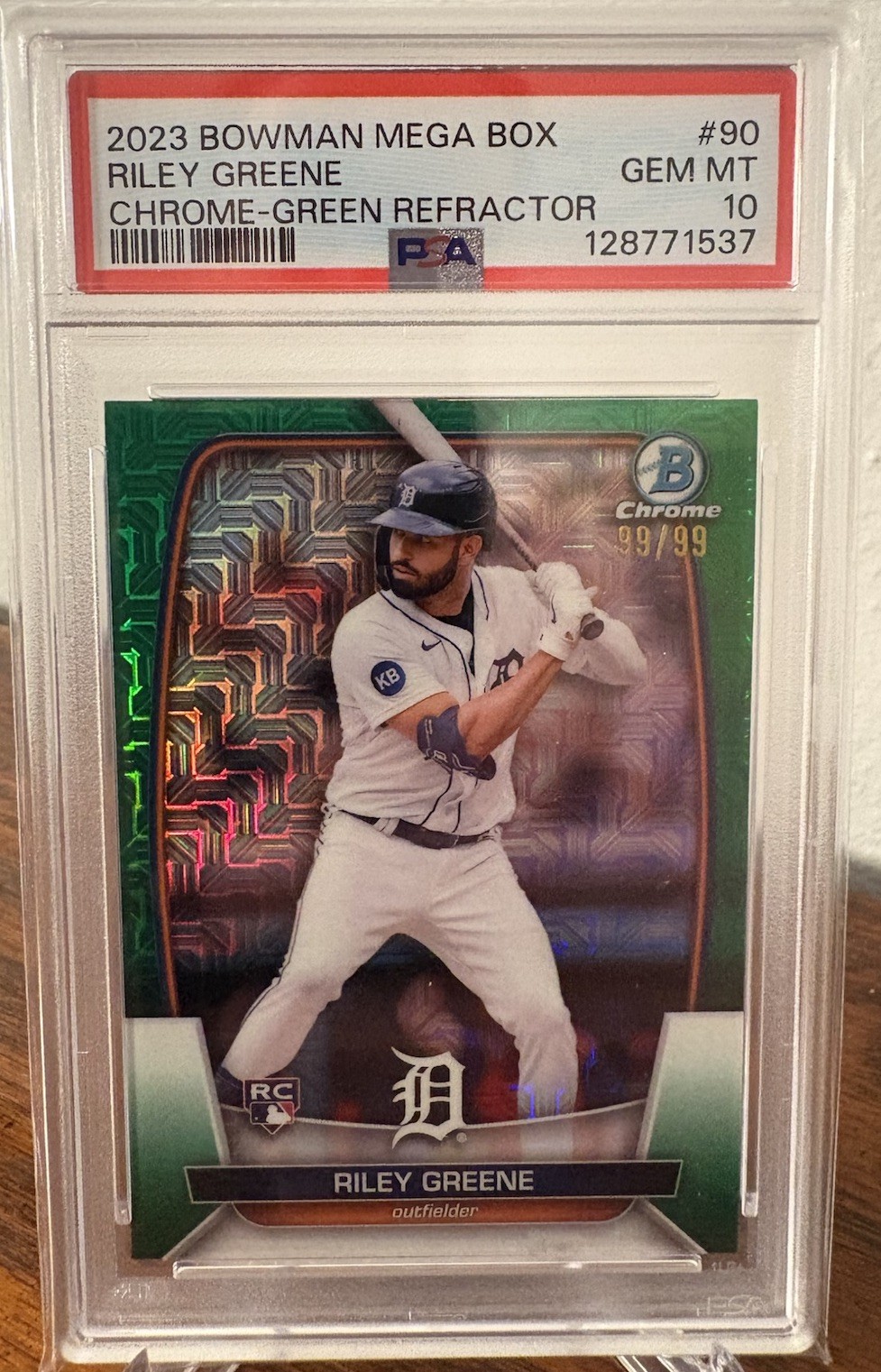 2023 Bowman Mega Box Riley Greene #90 Chrome Green Refractor 99/99 Rookie PSA 10